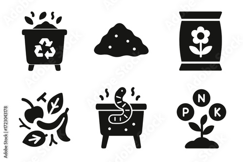 Gardening icons: compost bin, fertilizer, organic waste, worm farm, nutrient symbols