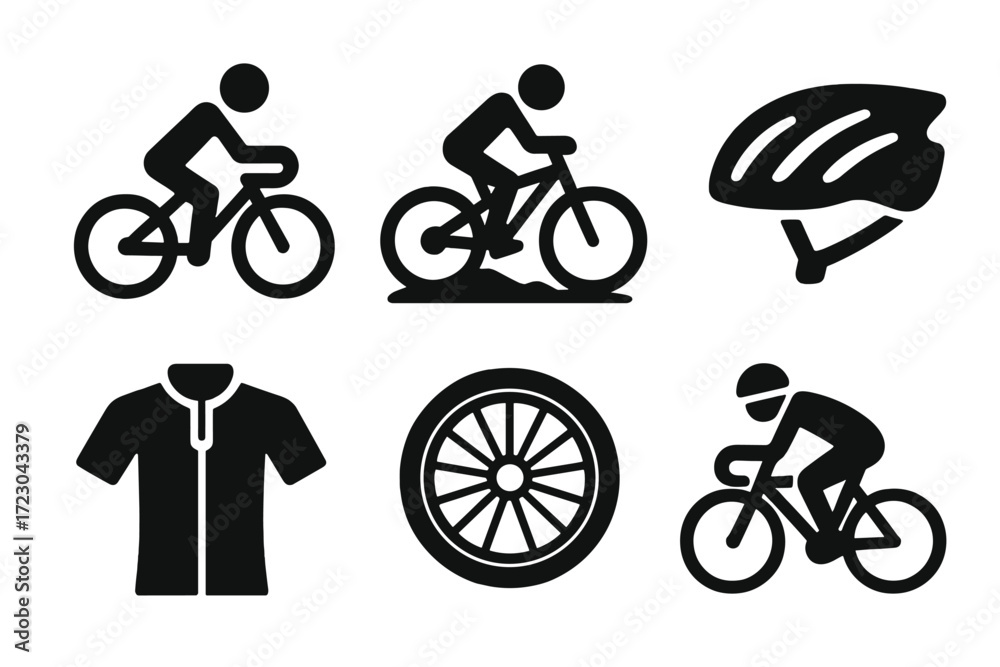 Obraz premium Cycling icons: bicycle, helmet, jersey, wheel for sports enthusiasts
