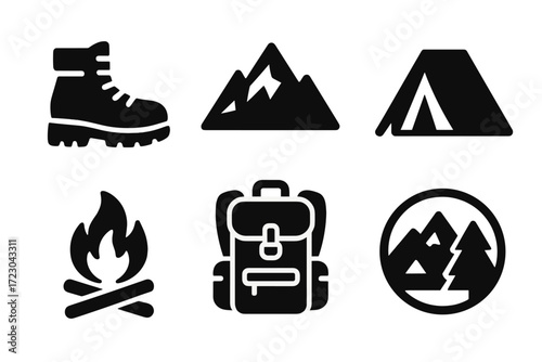 Outdoor adventure icons set with tent, campfire, backpack, mountains, and boot