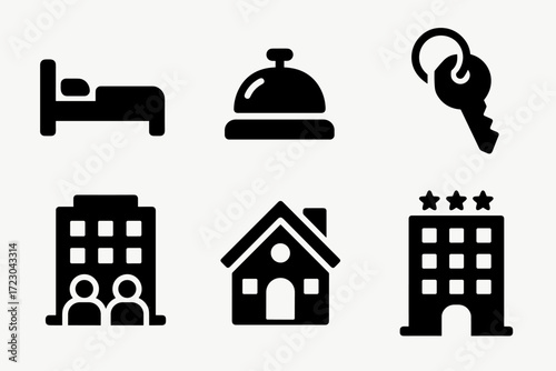 Hotel and accommodation icons: bed, bell, key, building, house, stars