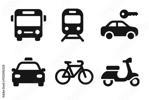 Transportation icons: bus, train, car, taxi, bicycle, scooter silhouettes