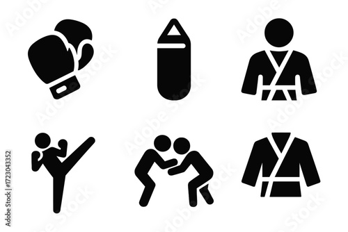 Martial arts icons: boxing gloves, punching bag, karate, kickboxing, wrestling, judo attire