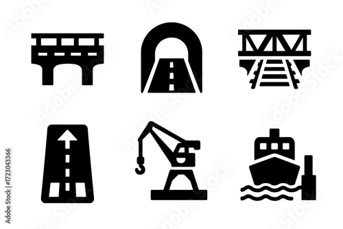 Icons of infrastructure: bridge, tunnel, railway, highway, crane, ship