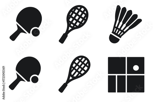 Table tennis and badminton equipment icons in black silhouette style