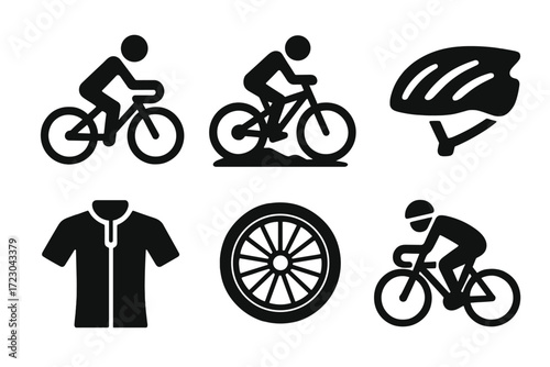 Cycling icons: bicycle, helmet, jersey, wheel for sports enthusiasts