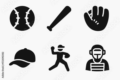 Baseball icons set: bat, ball, glove, cap, player, catcher
