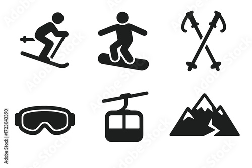 Winter sports icons: skiing snowboarding equipment and mountain landscape