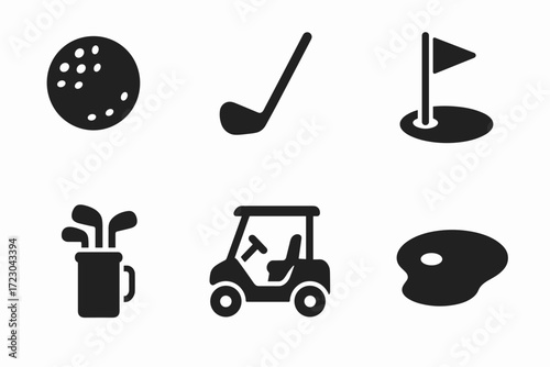 Golf icons set: ball, club, flag, bag, cart, pond silhouettes in black and white
