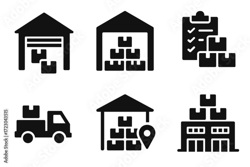 Warehouse and logistics icons: storage, inventory, shipping, and delivery symbols