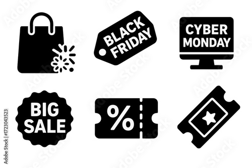 Black friday cyber monday shopping icons for sales and discounts