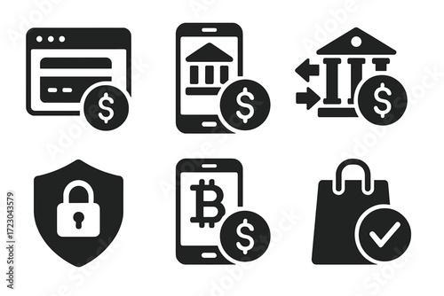 Financial and cryptocurrency icons including bitcoin and mobile banking