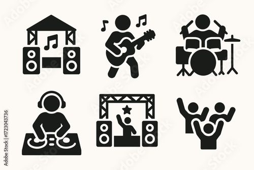 Musical event icons - live band, dj, concert, party, music festival, instruments, performance, dancing