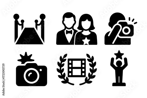 Icons of red carpet, celebrities, cameras, film awards, and photographer silhouette