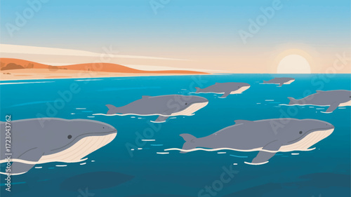Illustration Of A Group Of Gray Whales Swimming Towards The Waters Vector Design Template
