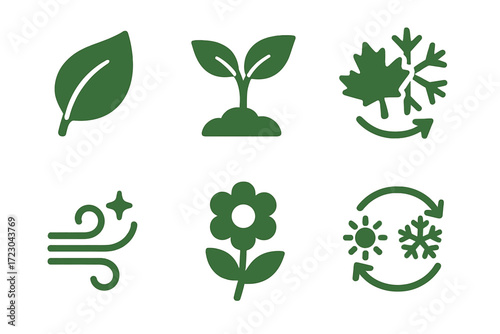 Eco-symbols: leaf, plant, maple, wind, flower, seasons icons