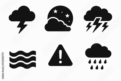 Weather icons: lightning, cloudy night, storm, waves, warning, rain