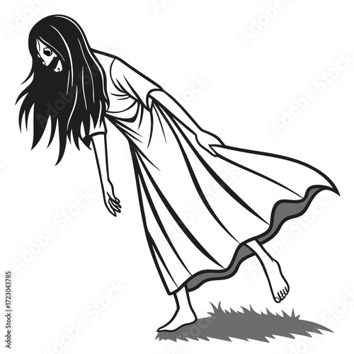 Eerie Black and White Illustration of a Ghostly Female Figure