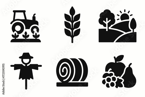 Agriculture icons set: tractor, crop, landscape, scarecrow, hay bale, fruits