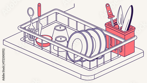 Kitchen Dish Rack with Utensils and Dishes in an Isometric View