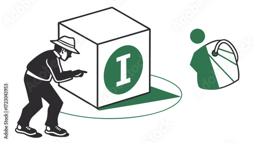 Intrigued Person Examining a Large Cube with Letter I
