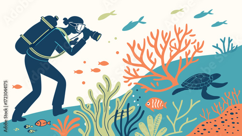 Scuba Diver Capturing Marine Life Amidst Vibrant Coral Reef Ecosystem