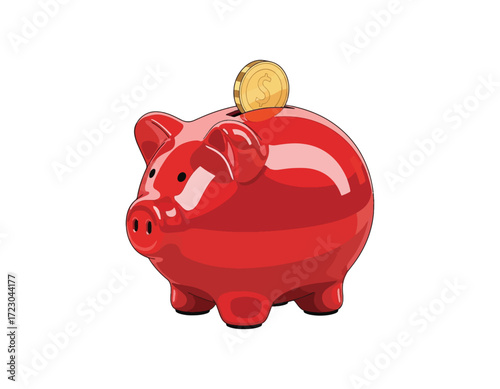 A classic red piggy bank with a shiny gold coin being deposited. This vector graphic symbolizes saving money, personal finance, and future investment