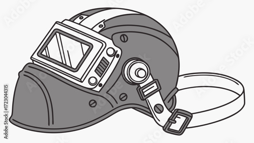 Stylized Welding Helmet Illustration with Adjustable Headband and Protective Visor