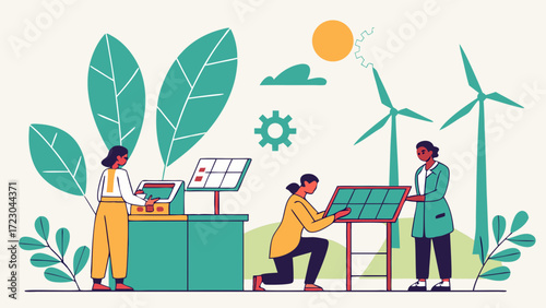 Women Engineers Inspecting Solar Panels and Wind Turbines