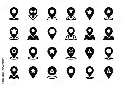 Collection of black map pin icons with different designs