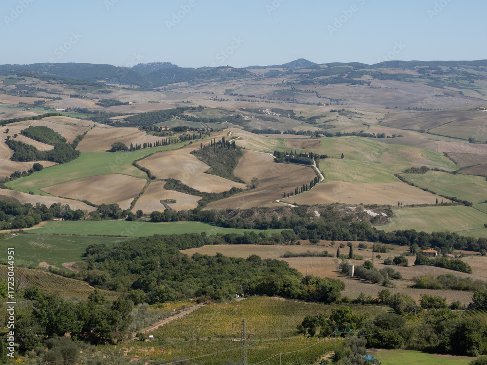 Naklejka premium Panoramic view of the Val d'Orcia countryside from Vignoni Alto, medieval town at Vignoni a San Quirico d'Orcia in the province of Siena, Italy 