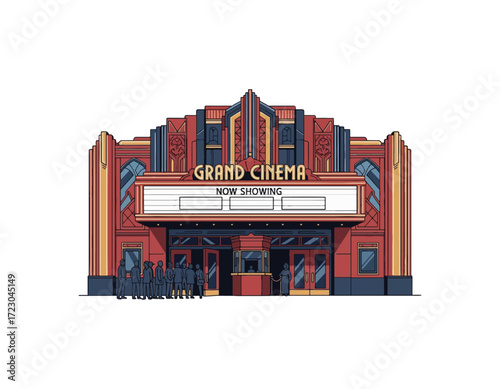 Art deco style grand cinema building exterior vector graphic featuring a vibrant marquee and an excited audience waiting to enter