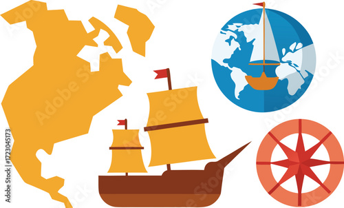 Columbus day vector bundle ships compass map illustration scalable eps icon vector