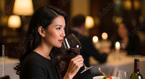 Elegant asian woman enjoying wine at restaurant showcasing refined dining