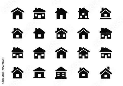Collection of various black house icons, representing different architectural styles and home symbols
