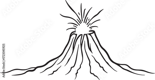 Volcano Eruption with Lava Hand-drawn Vector Illustration, Sketch Drawing Doodle Line Linear Symbol Icon Engraving Coloring Book, Black and White Isolated