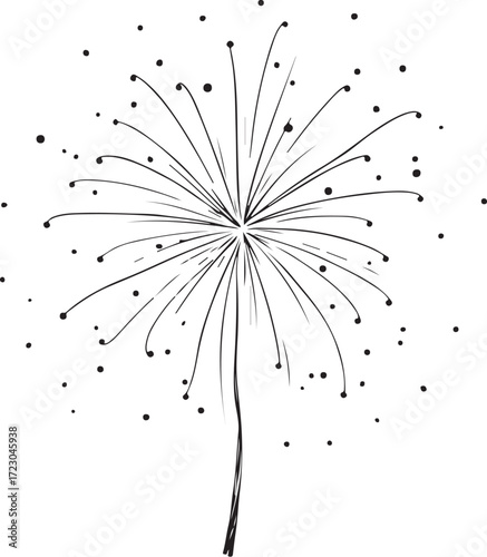 Fireworks Holiday Celebration Hand-drawn Vector Illustration, Sketch Drawing Doodle Line Linear Symbol Icon Engraving Coloring Book, Black and White Isolated
