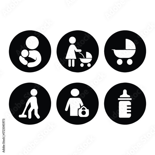 Parenting childcare icons set mother baby stroller cleaning bottle family care