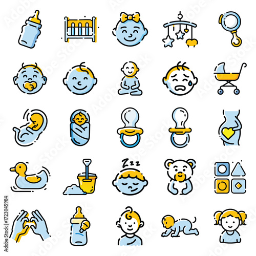 Diverse parenting and childcare icons for baby care family life and maternity needs 