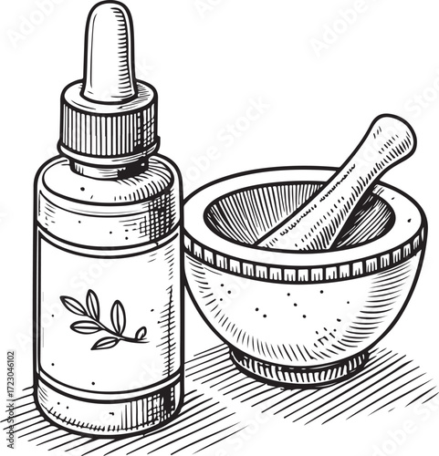 Aromatherapy and Naturopathy Essential Oil Pestle Hand-drawn Vector Illustration, Sketch Drawing Doodle Line Linear Symbol Icon Engraving Coloring Book, Black and White Isolated