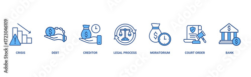 Bankruptcy banner web icon vector illustration concept with icon of crisis, debt, creditor, legal process, moratorium, court order, and bank