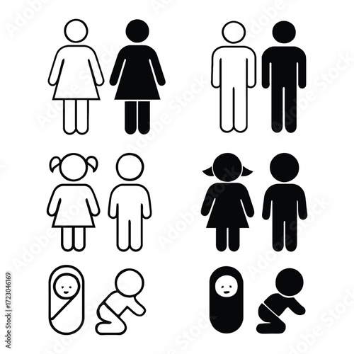 Set of parenting and childcare icons representing family members adults and babies