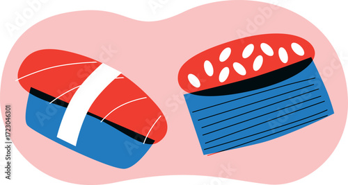 Sushi japanese food logo for sushi restaurant or delivery. Hand drawn elements for menu design, vector colorful illustration collection.	
