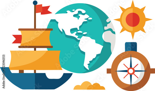 Columbus day vector elements bundle ships compass map nautical adventure illustration vector