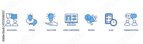 Meeting banner web icon vector illustration for business meeting and discussion with communications, topics, solutions, plan, inform and video conference icon
