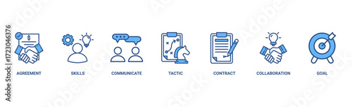 Negotiation banner web icon vector illustration concept for business deal agreement and collaboration with icon of skills, communicate, tactic, contract, and goal
