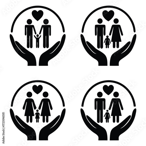 Family care and protection icons featuring hands holding diverse family units and hearts 