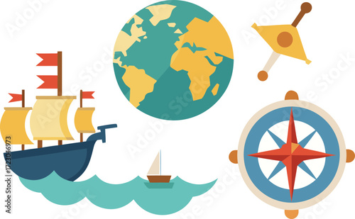 Columbus day elements bundle vector illustration ships compass map and globe icon set vector