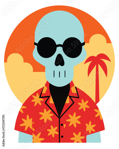 Stylized cartoon skull wearing sunglasses and a hawaiian shirt, set against a tropical sunset background