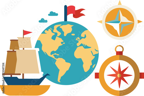 Columbus day vector bundle ships compass map globe elements illustration eps vector