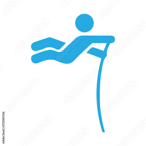 Stylized icon representing a person performing a pole vault in a sporting event, depicted in a minimalist blue silhouette against a white background
